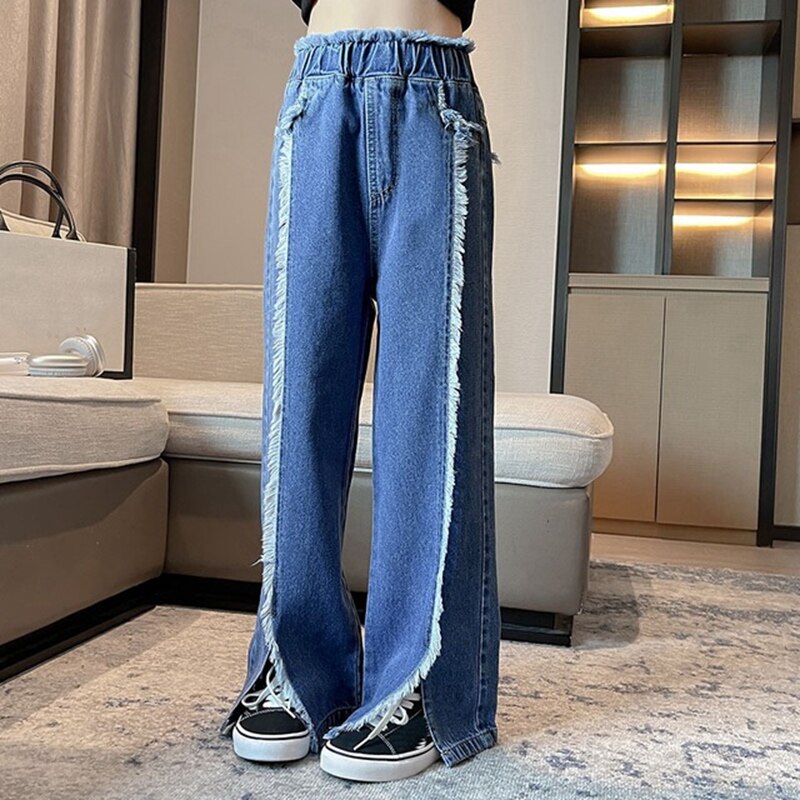 Teenage Student Girls Jeans Spring Kids Denim Pants Casual Jeans for Girls 6 8 10 12 14 Years Elastic Waist Children Trousers