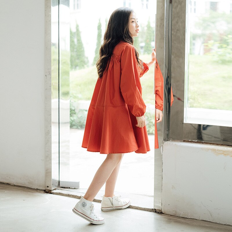 Long Sleeve Kids Dresses For Teenage Girls Autumn Cotton Princess Casual Loose Midi Dress Young Children Clothes 12 13 14 15 16Y