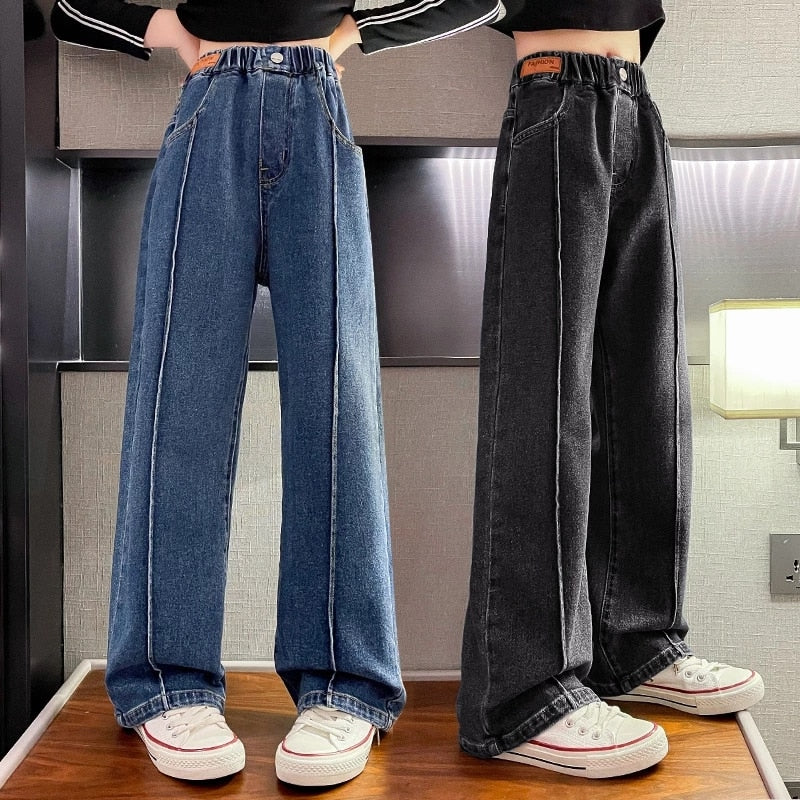 Teenage Student Girls Jeans Spring Kids Denim Pants Casual Jeans for Girls 6 8 10 12 14 Years Elastic Waist Children Trousers