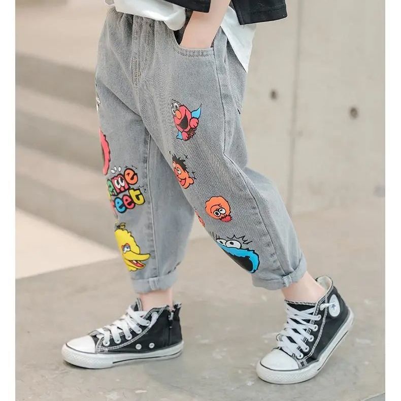 Boys Jeans Spring and Autumn New Funny Head Medium and Big Childrens Casual Children's Clothing Spring Loose Long Pants