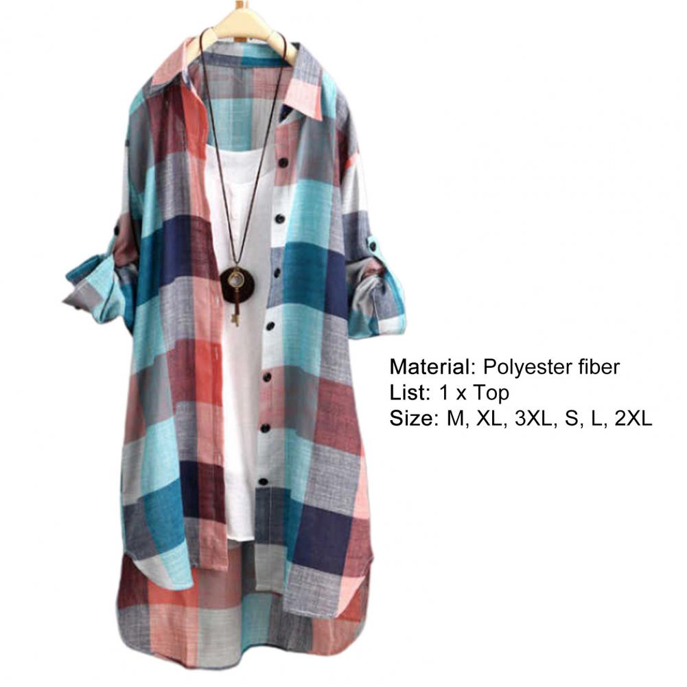 Women Shirt Dress Turn-Down Collar Roll-up Sleeve Buttons Closure Sunscreen Shirt Plaid Print Mid-Length Loose Female Clothing