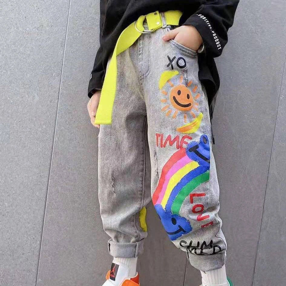Boys Jeans Spring and Autumn New Funny Head Medium and Big Childrens Casual Children's Clothing Spring Loose Long Pants