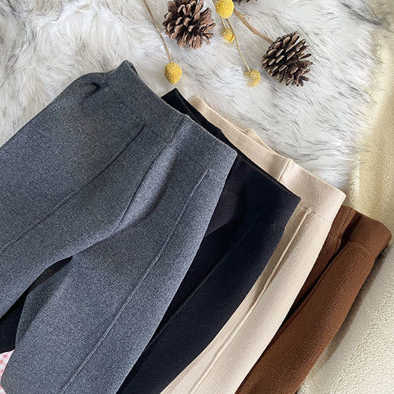 Kids Girls Knitted Casual Pants Loose Autumn Winter Outwear Trousers Black Gray Apricot Wide Leg