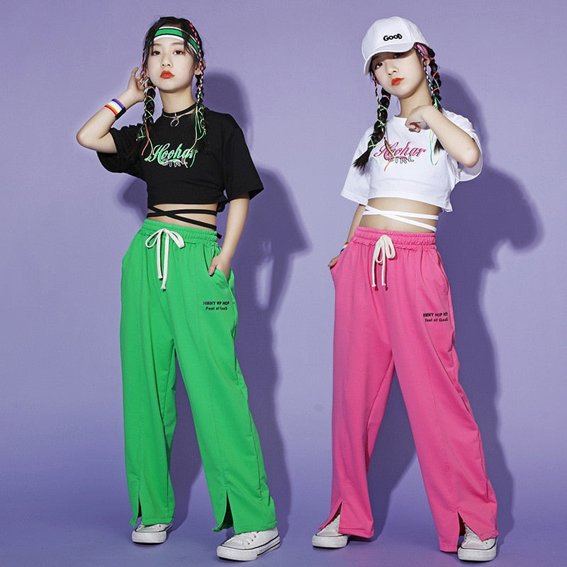 Kid Kpop Hip Hop Clothing Criss Cross Tie Crop Top T Shirt Tee Streetwear Split Sweat Pants for Girls Jazz Dance Costume Clothes