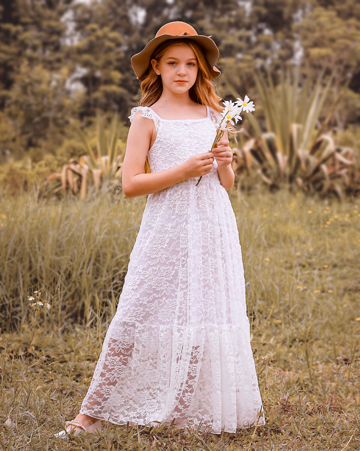 Princess Bohemia White Lace Dress Baby Kids Flower Girls Wedding Party Long Dresses Teenage Elegant Clothes for 3 4 6 8 10 12Y