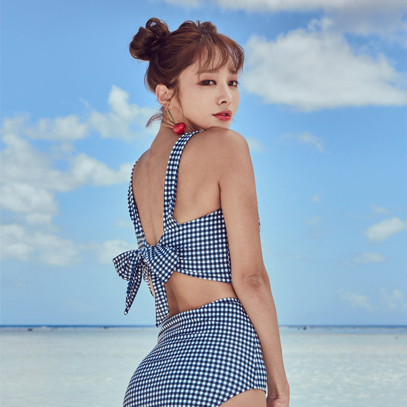 Girl Split Retro Plaid HighWaist Lace Bow Sexy Bikini SwimsuitWomen