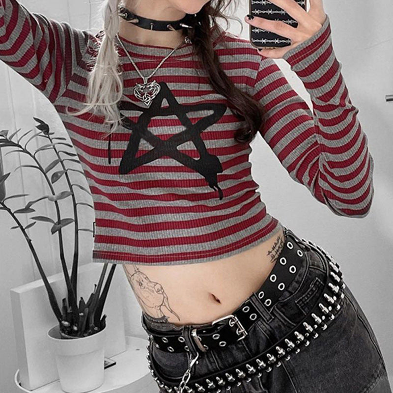 Crewneck Striped Pentagram Slim Fashion Long-sleeved T shirt