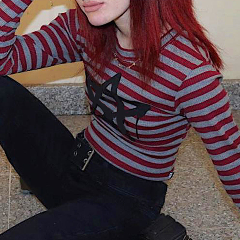 Crewneck Striped Pentagram Slim Fashion Long-sleeved T shirt