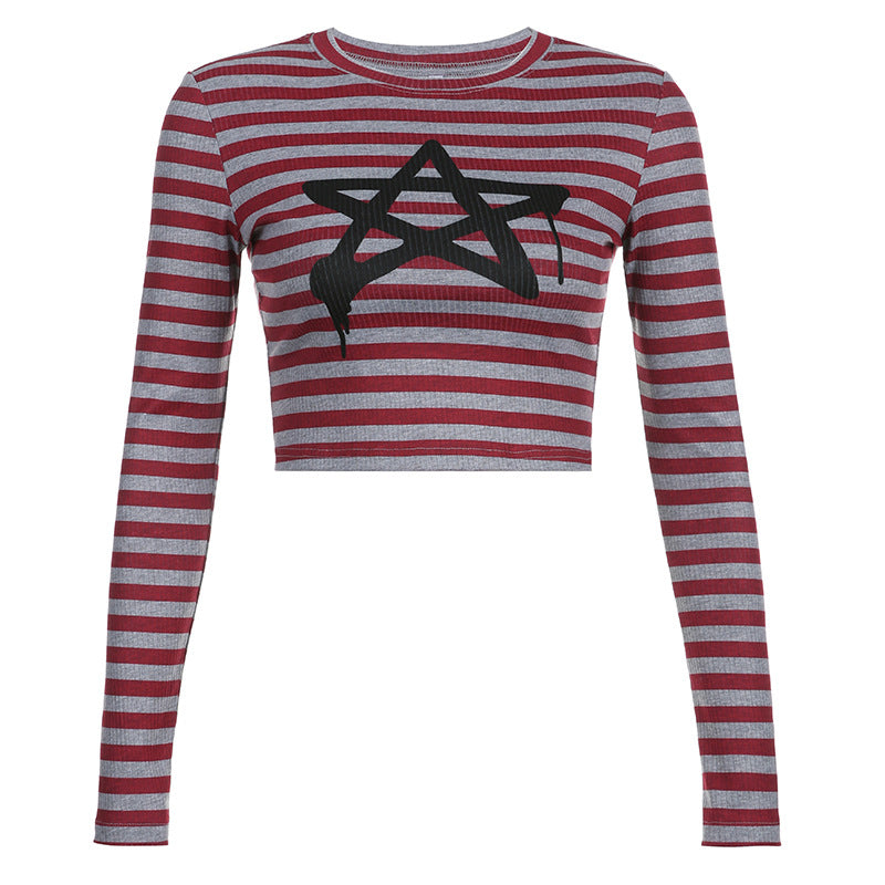 Crewneck Striped Pentagram Slim Fashion Long-sleeved T shirt
