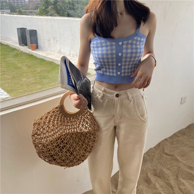 Girl Crop Top Women Plaid Buttons Spaghetti Camis Club Sexy Slim Knitting Female Tank Tops Ladies Sleeveless Solid Simple