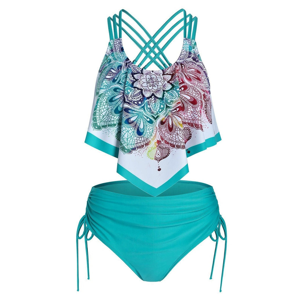 Women Boh Print Ruffles Halter Bukini Push-Up Padded Overlay Flounce Crisscross Tankini Swimwear High Waist Bikini Set Monokini