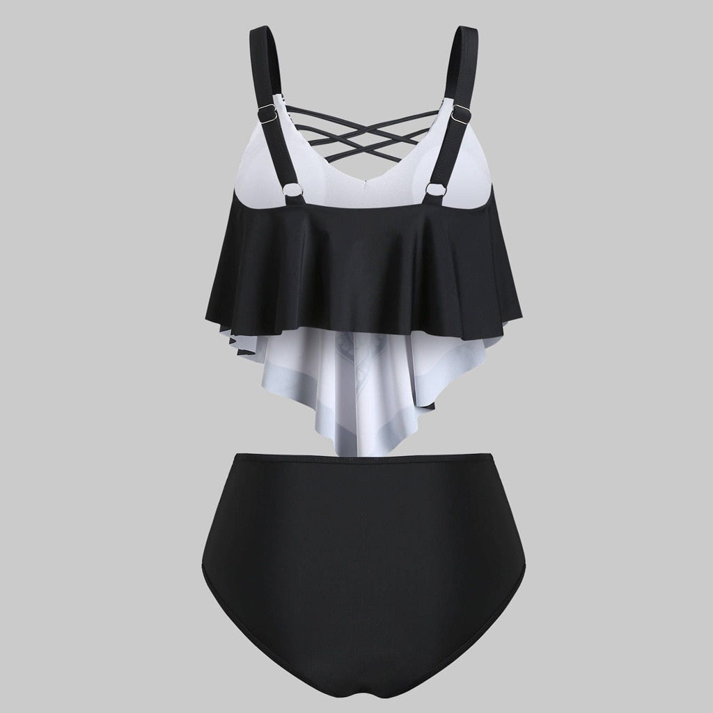 Women Boh Print Ruffles Halter Bukini Push-Up Padded Overlay Flounce Crisscross Tankini Swimwear High Waist Bikini Set Monokini