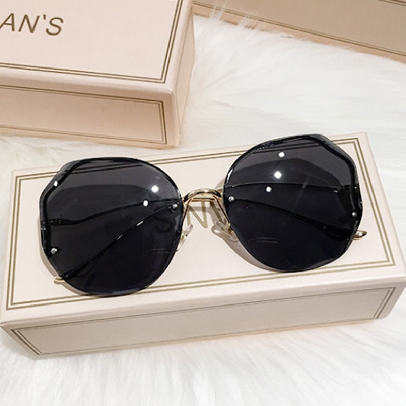 Luxury Round Gradient Sunglasses Women Metal Curved Temples Eyewear Ocean Rimless Fashion Sun Glasses Ladies UV400