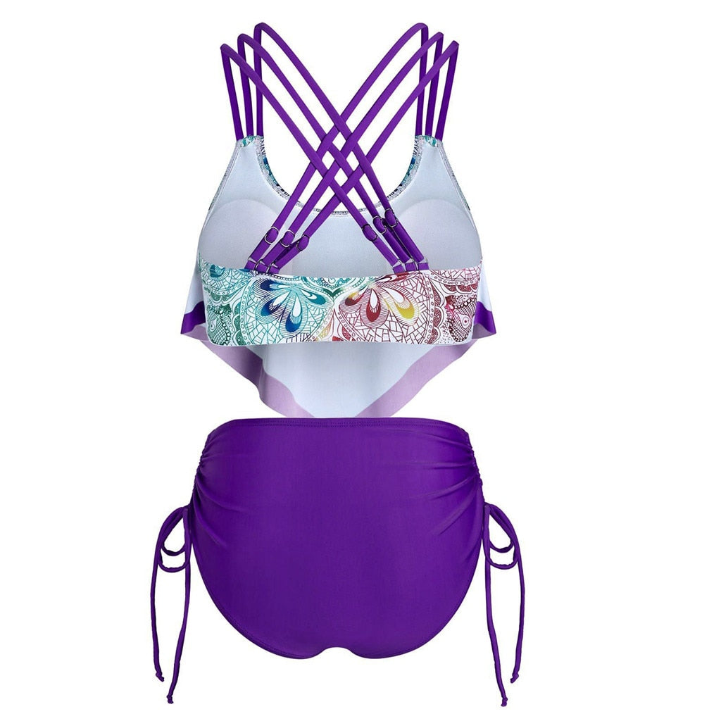 Women Boh Print Ruffles Halter Bukini Push-Up Padded Overlay Flounce Crisscross Tankini Swimwear High Waist Bikini Set Monokini