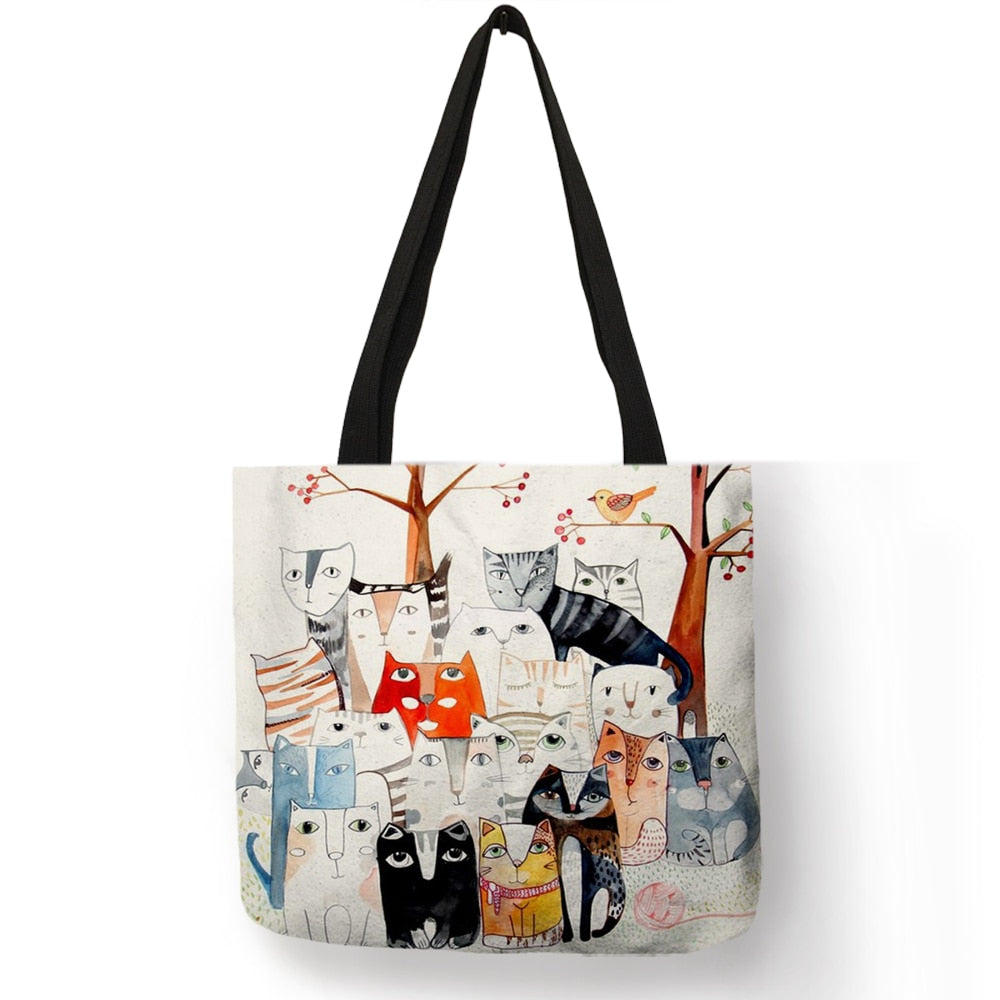 Design Cute Kawaii Cartoon Anime Cat Print Linen Tote Bag Women Fashion Handbags School Travel Shopping Shoulder Bags Reusable