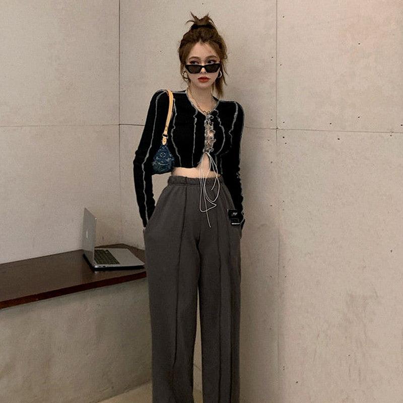 T-shirts Women Fashionable Bust Hollow-out Design Long Sleeve Cool Female Hipster Tees Crop Top Sexy Hot Girls High Street