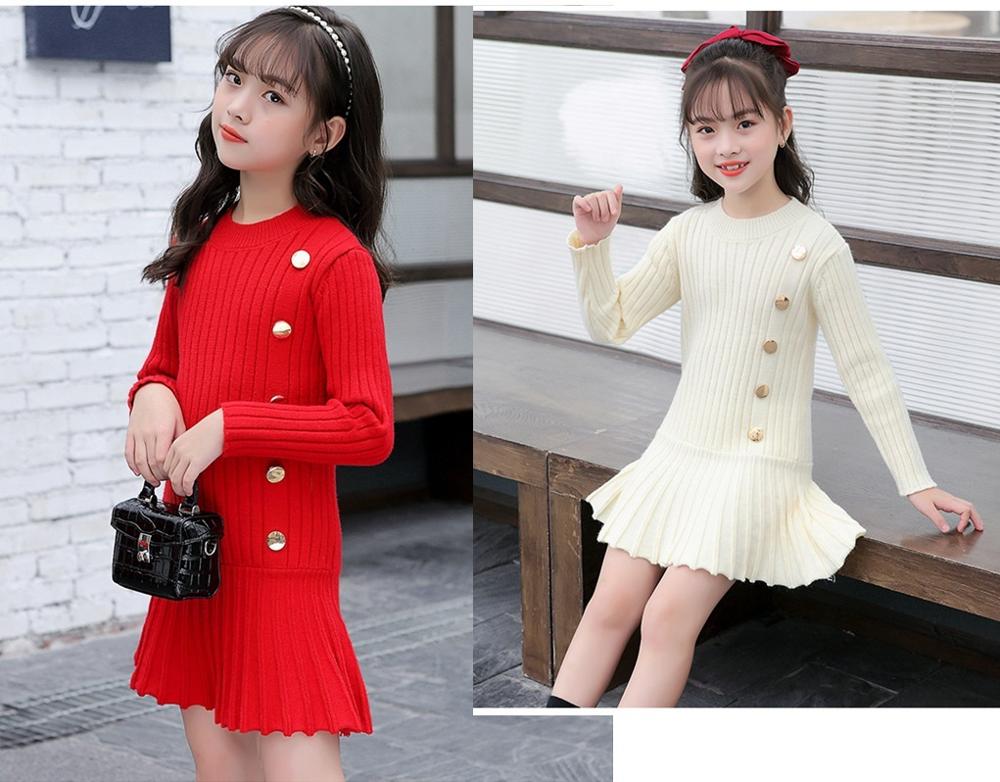 Winter sweater Dress for Girls knitting Dress Teenager Girls Clothing Long Sleeve Fall Clothes Slim Pleated A-line Dress 4-14 y