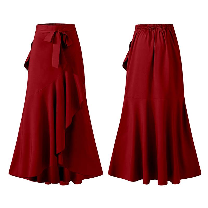Summer Women Fishtail Skirts Fashion Party Maxi Skirt Celmia Summer High Waist Belted Casual Loose Asymmetrical Ruffles Skirts