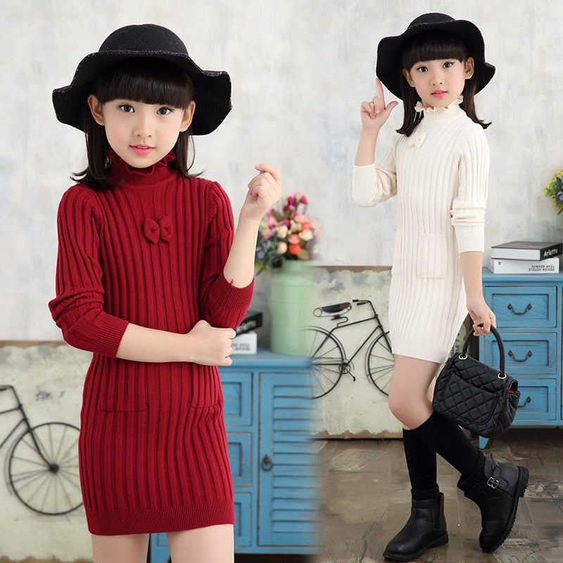 Winter sweater Dress for Girls knitting Dress Teenager Girls Clothing Long Sleeve Fall Clothes Slim Pleated A-line Dress 4-14 y