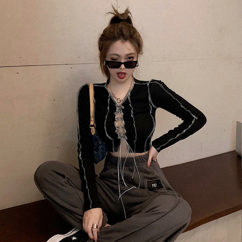 T-shirts Women Fashionable Bust Hollow-out Design Long Sleeve Cool Female Hipster Tees Crop Top Sexy Hot Girls High Street