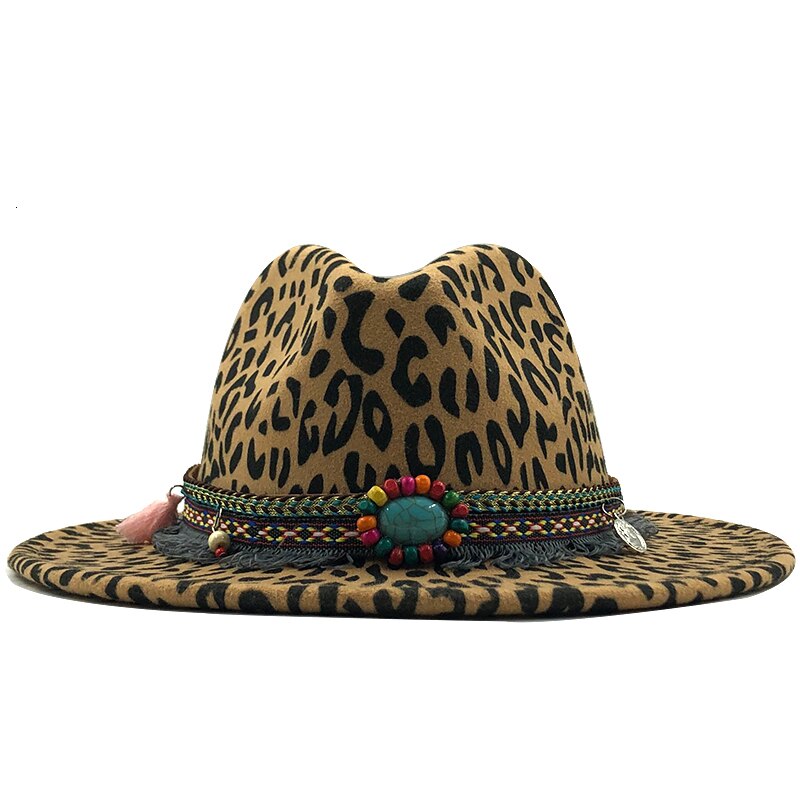 Trend Unisex Flat Brim Wool Felt Jazz Fedora Hats Men Women Leopard Grain tassel Band Decor Trilby Panama Formal Hats
