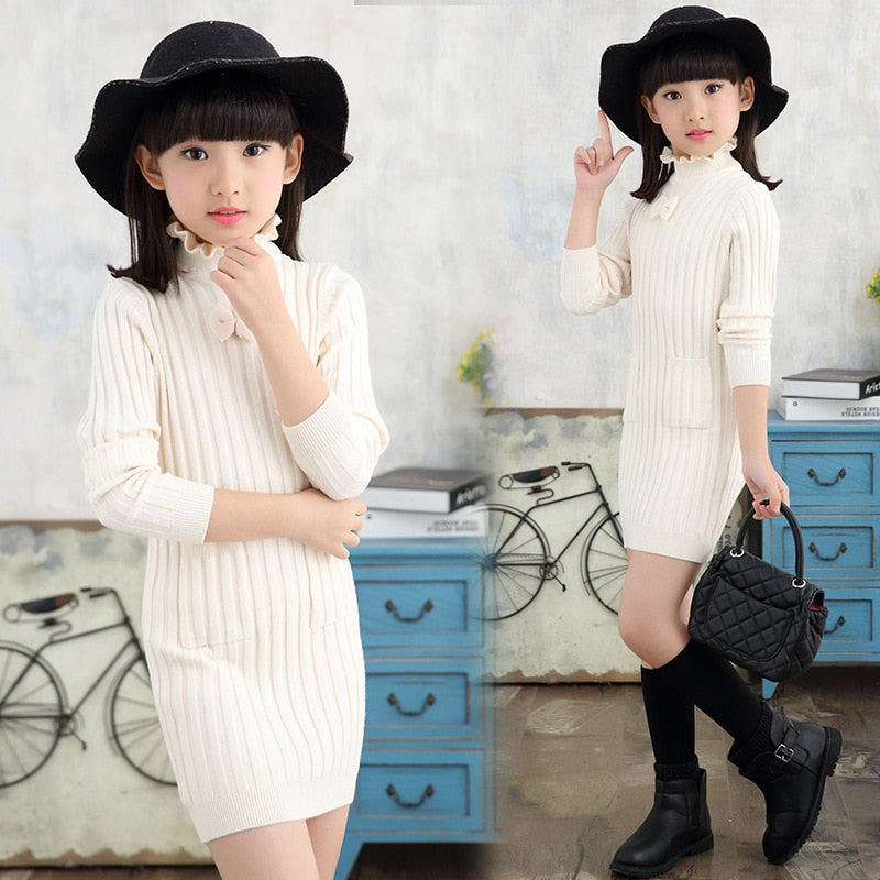 Winter sweater Dress for Girls knitting Dress Teenager Girls Clothing Long Sleeve Fall Clothes Slim Pleated A-line Dress 4-14 y