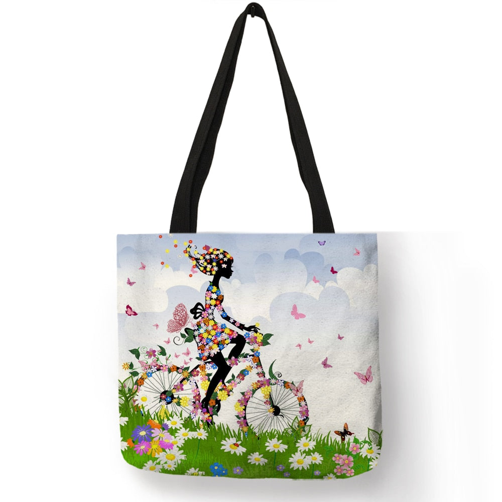 Wishing Girl Print Linen Reusable Shopping Bags Women Large Tote Bags Fashion Handbags With Customized Printed