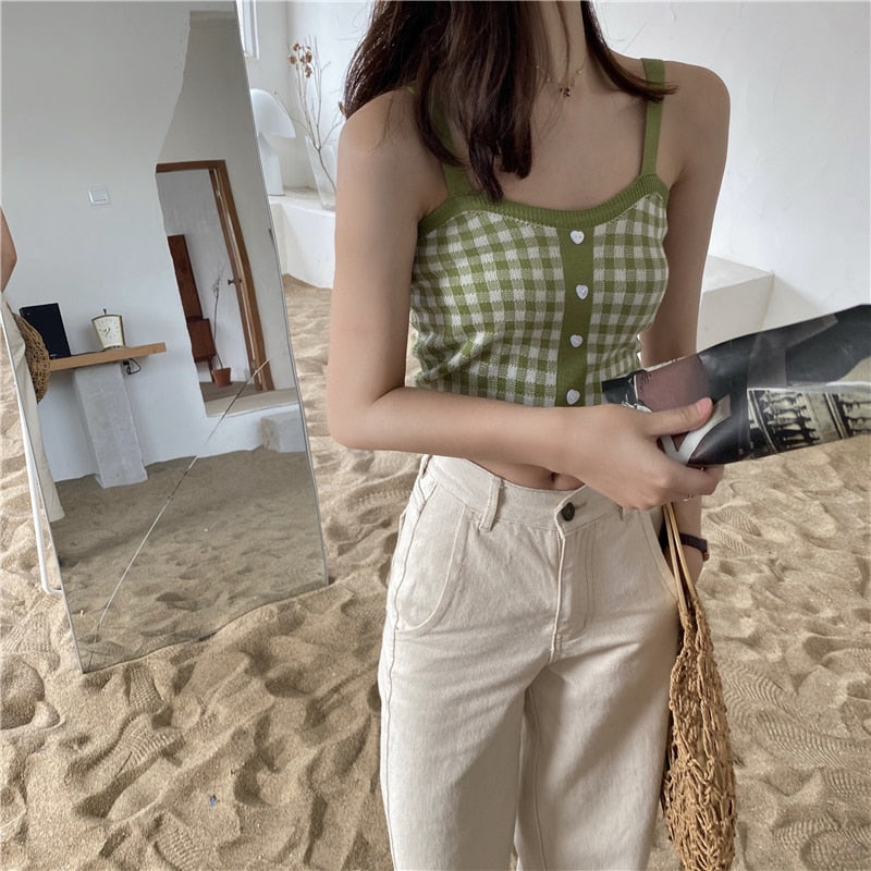 Girl Crop Top Women Plaid Buttons Spaghetti Camis Club Sexy Slim Knitting Female Tank Tops Ladies Sleeveless Solid Simple
