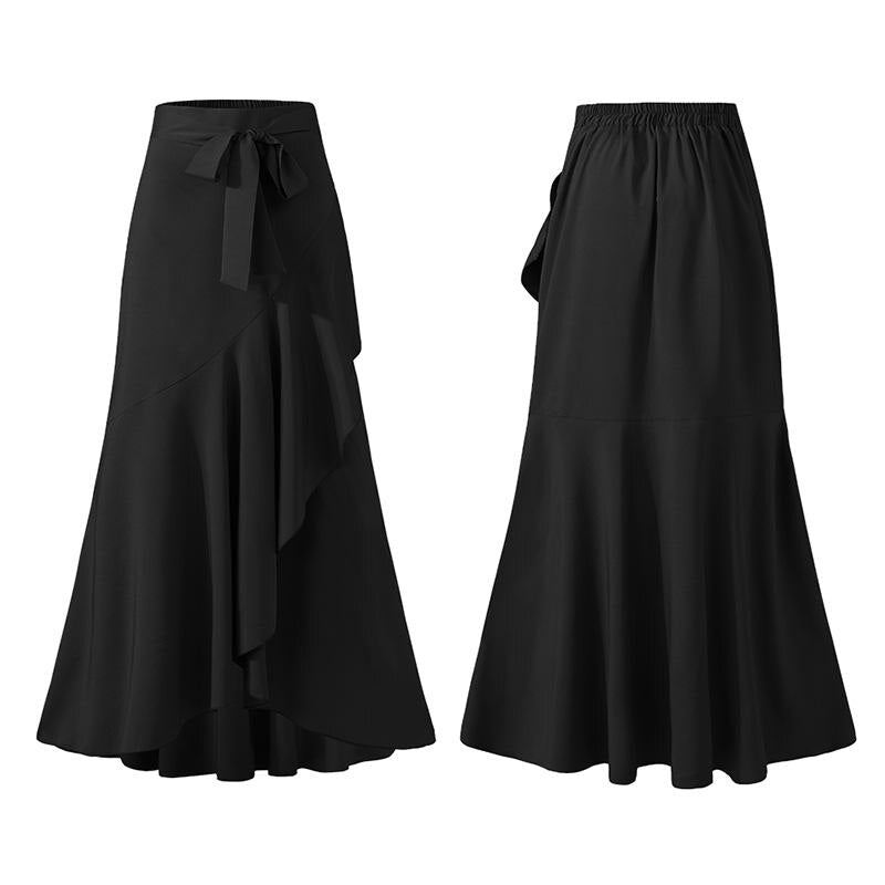 Summer Women Fishtail Skirts Fashion Party Maxi Skirt Celmia Summer High Waist Belted Casual Loose Asymmetrical Ruffles Skirts