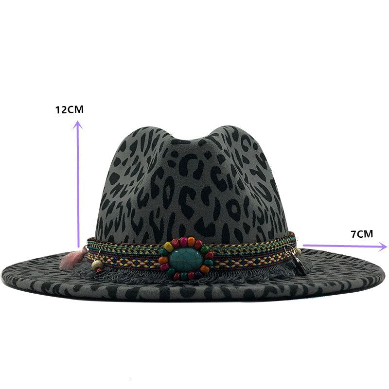 Trend Unisex Flat Brim Wool Felt Jazz Fedora Hats Men Women Leopard Grain tassel Band Decor Trilby Panama Formal Hats