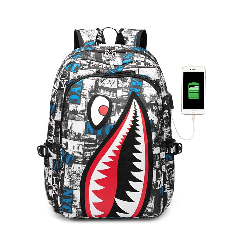 Anime backpack Elementary Bookbag Travel Rucksack Cartoon Shark Print Primary School Student Satchel Backpack