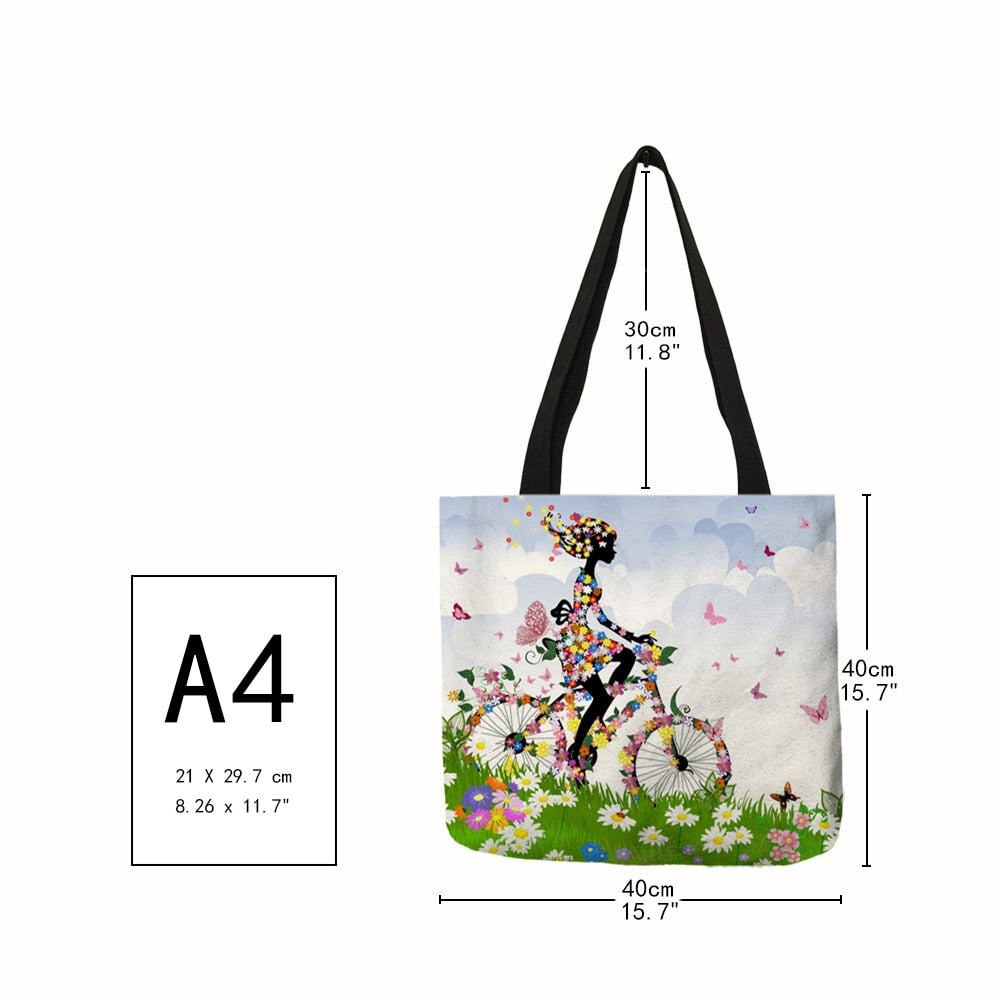 Wishing Girl Print Linen Reusable Shopping Bags Women Large Tote Bags Fashion Handbags With Customized Printed