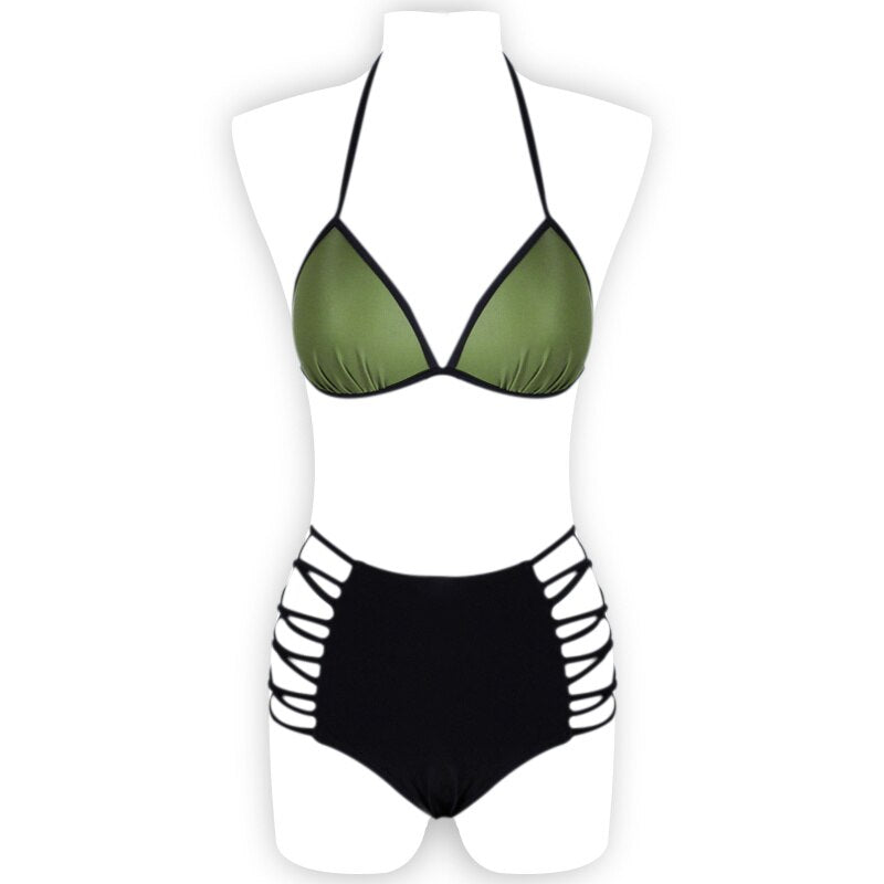 2pcs Bikini Set Padded Bra Women Push-up Highwaist Solid Swimwear Bandage Bathing Suit Swimsuit Swimming Suit