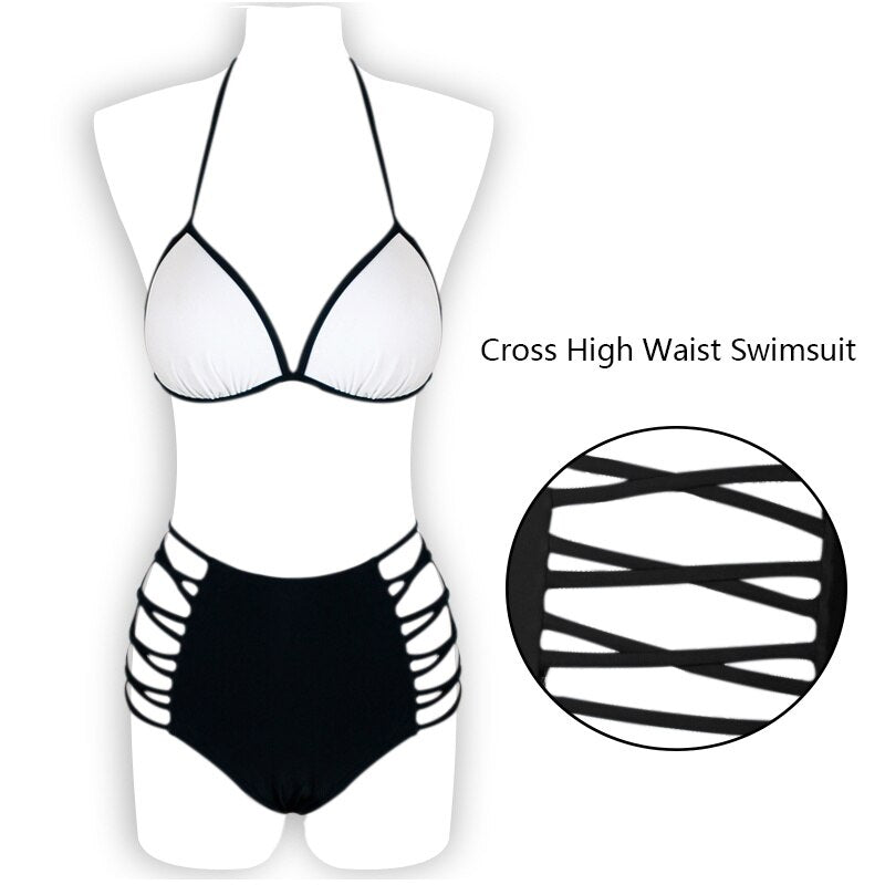 2pcs Bikini Set Padded Bra Women Push-up Highwaist Solid Swimwear Bandage Bathing Suit Swimsuit Swimming Suit