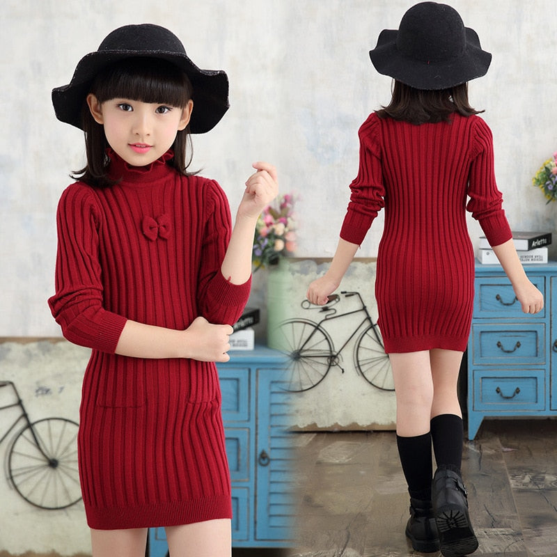 Winter sweater Dress for Girls knitting Dress Teenager Girls Clothing Long Sleeve Fall Clothes Slim Pleated A-line Dress 4-14 y