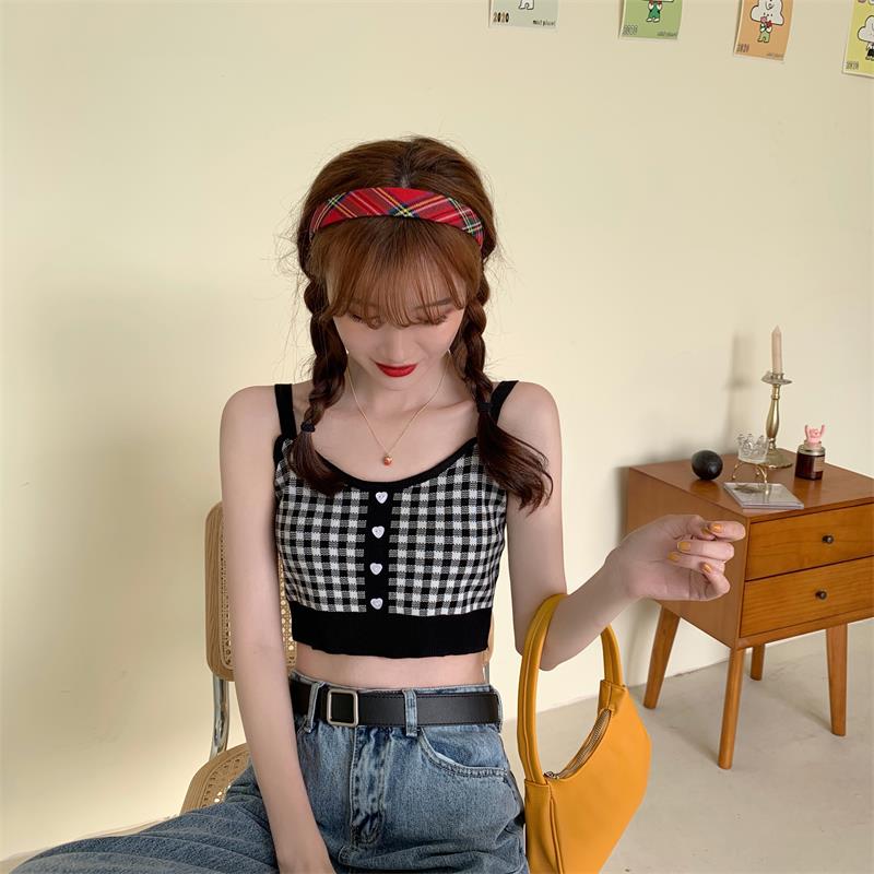 Girl Crop Top Women Plaid Buttons Spaghetti Camis Club Sexy Slim Knitting Female Tank Tops Ladies Sleeveless Solid Simple
