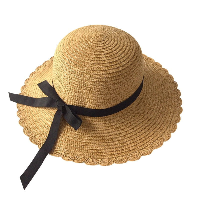 Girls Summer Cap Black Ribbon Decorate Wavy Straw Hat For Girls Children Panama Hat Kids Sun Cap Baby Beach Hats
