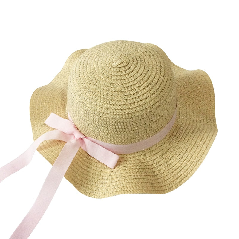 Girls Summer Cap Black Ribbon Decorate Wavy Straw Hat For Girls Children Panama Hat Kids Sun Cap Baby Beach Hats