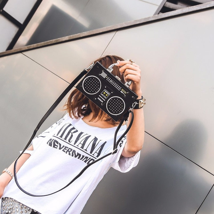 Black Radio Style Shoulder Bag Fashion Box Handbags Women's Purses Party Clutch Bag Crossbody Bag Pu Leather