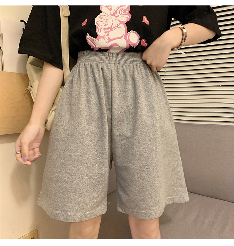 Summer Shorts Women Elasticity Lovely Girls Style Sweet Students Harajuku Simple Pure Gray Oversize Trousers Female