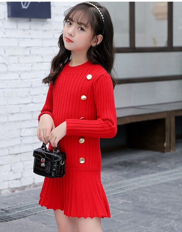 Winter sweater Dress for Girls knitting Dress Teenager Girls Clothing Long Sleeve Fall Clothes Slim Pleated A-line Dress 4-14 y