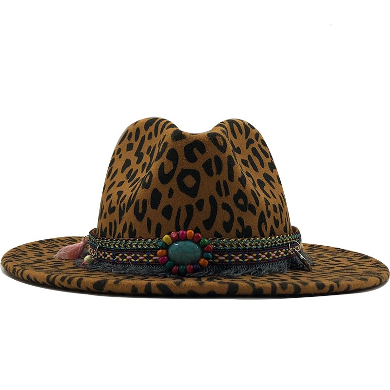Trend Unisex Flat Brim Wool Felt Jazz Fedora Hats Men Women Leopard Grain tassel Band Decor Trilby Panama Formal Hats