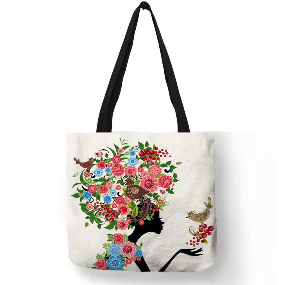 Wishing Girl Print Linen Reusable Shopping Bags Women Large Tote Bags Fashion Handbags With Customized Printed