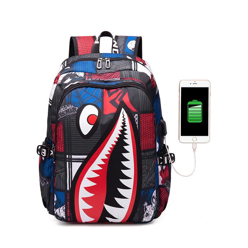Anime backpack Elementary Bookbag Travel Rucksack Cartoon Shark Print Primary School Student Satchel Backpack