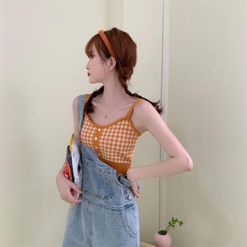 Girl Crop Top Women Plaid Buttons Spaghetti Camis Club Sexy Slim Knitting Female Tank Tops Ladies Sleeveless Solid Simple