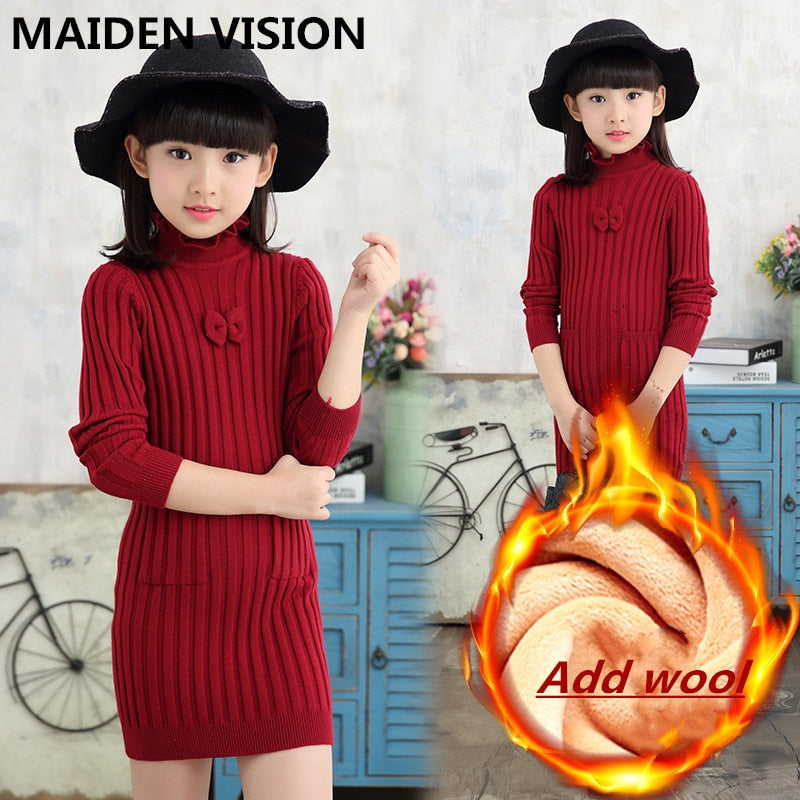 Winter sweater Dress for Girls knitting Dress Teenager Girls Clothing Long Sleeve Fall Clothes Slim Pleated A-line Dress 4-14 y