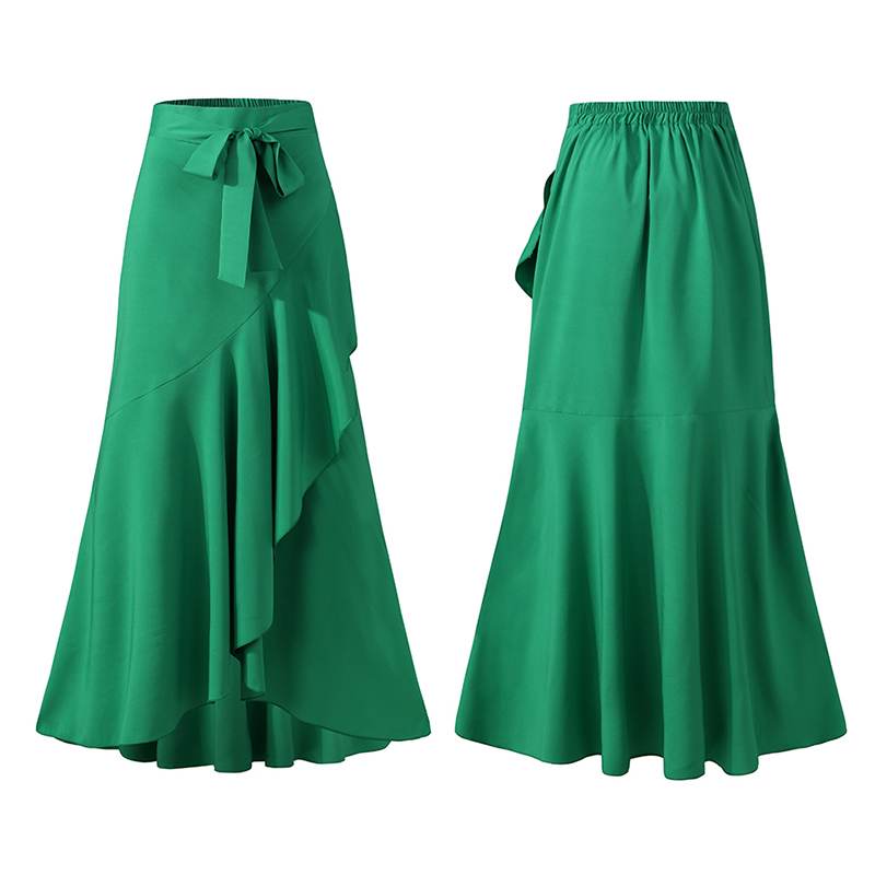 Summer Women Fishtail Skirts Fashion Party Maxi Skirt Celmia Summer High Waist Belted Casual Loose Asymmetrical Ruffles Skirts