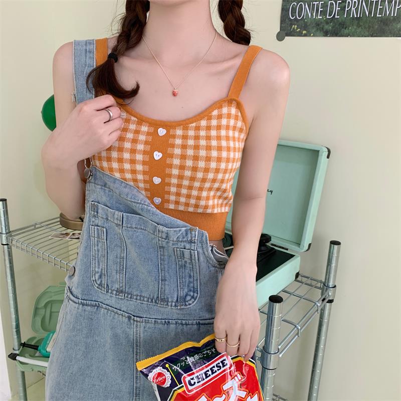 Girl Crop Top Women Plaid Buttons Spaghetti Camis Club Sexy Slim Knitting Female Tank Tops Ladies Sleeveless Solid Simple