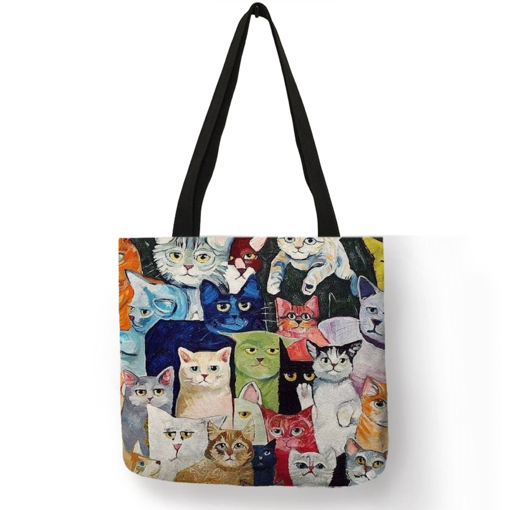 Design Cute Kawaii Cartoon Anime Cat Print Linen Tote Bag Women Fashion Handbags School Travel Shopping Shoulder Bags Reusable