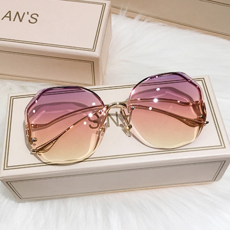 Luxury Round Gradient Sunglasses Women Metal Curved Temples Eyewear Ocean Rimless Fashion Sun Glasses Ladies UV400